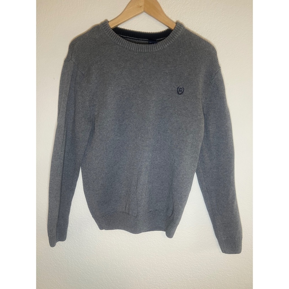 Chaps Mens Cotton Crewneck Knit Sweater Gray Long Sleeve Embroidered Logo M
